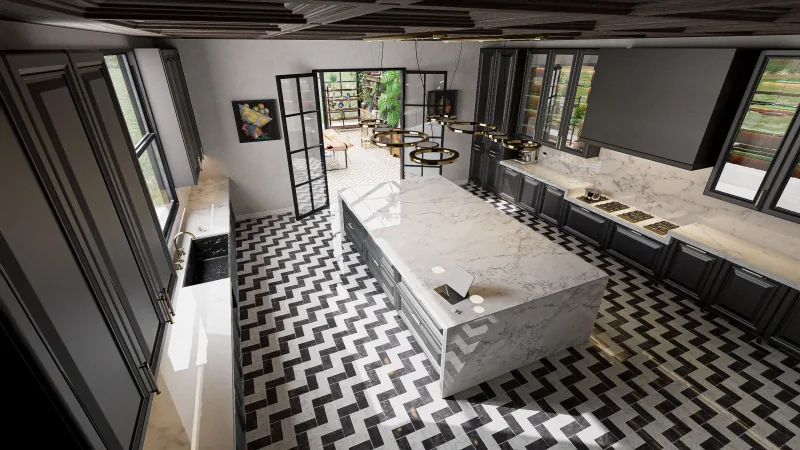 Abitare in stile britannico – cucina con isola e serra 3